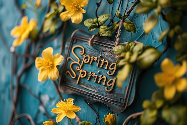 A rustic blue wooden sign reading spring adorned with fresh yellow flowers against a blue backdrop