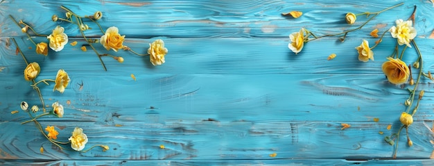 Rustic Blue Wooden Texture with Yellow Blossoms