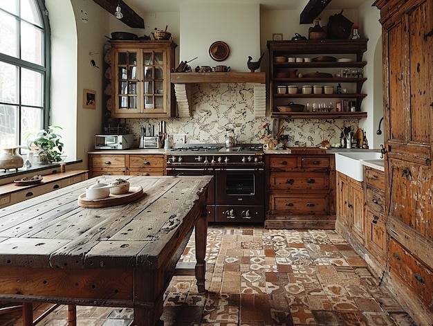 Foto rustic boerderij keuken met een grote houten tafel en antieke fixtures hoog gedetailleerd