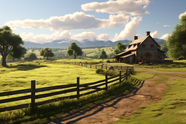 Foto rustic boerderij scène met schuren glooiende heuvels en een generatieve ai