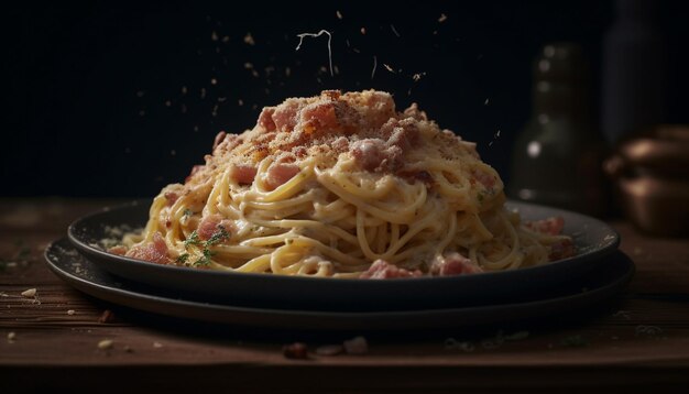 Rustic bolognese pasta plate with parmesan cheese and fresh herbs generated by artificial intelligence