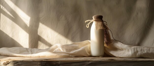 Foto una bottiglia rustica di latte illuminata dalla calda luce solare su una superficie di legno