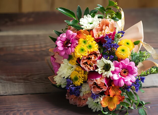 木製のテーブルの上に多色の花の田舎風の花束 自然の贈り物