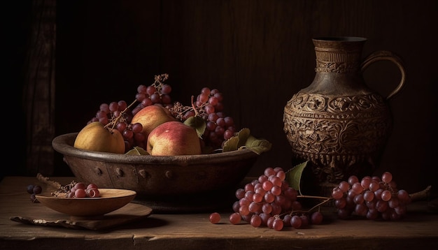 AI が生成した新鮮な秋のフルーツの素朴なボウルがテーブルを飾る