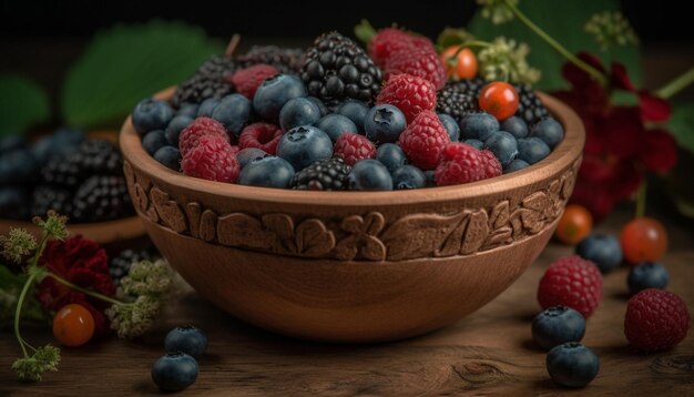 Rustic bowl of fresh organic berry fruit generated by artificial intelligence