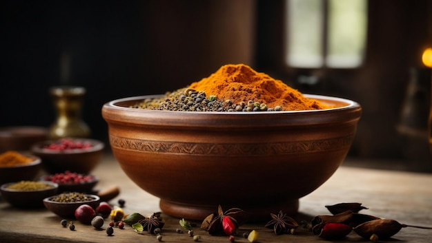 A rustic bowl full of aromatic spices