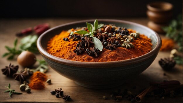 A rustic bowl full of aromatic spices