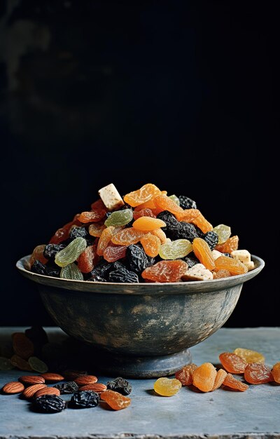 Photo a rustic bowl of healthy dried fruits on a dark background perfect for a snack or as a topping for