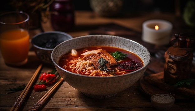 A rustic bowl of healthy vegetarian miso soup with chopsticks generated by artificial intelligence