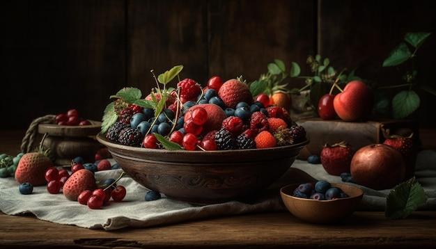 Rustic bowl of ripe berry goodness fresh and organic generated by AI