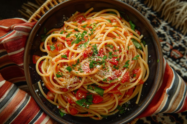 Rustic bowl of spaghetti with tomatoes