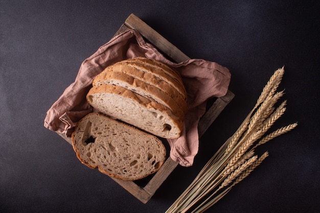 Rustic bread in wooden box