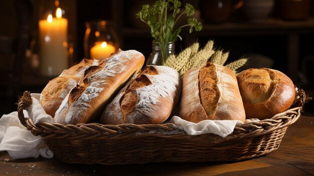 Photo a rustic breadbasket filled assorted background