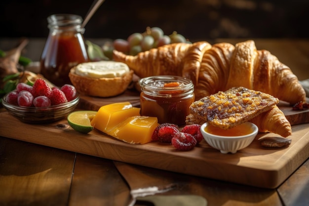 Rustic breakfast platter with croissants and jams created with generative ai