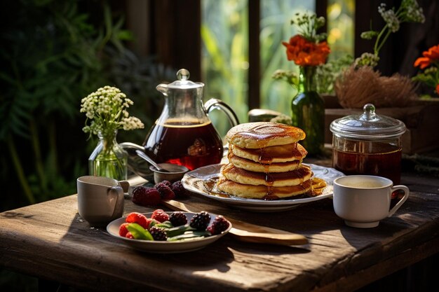 A rustic breakfast scene with pancakes served on a wooden table with vintage props