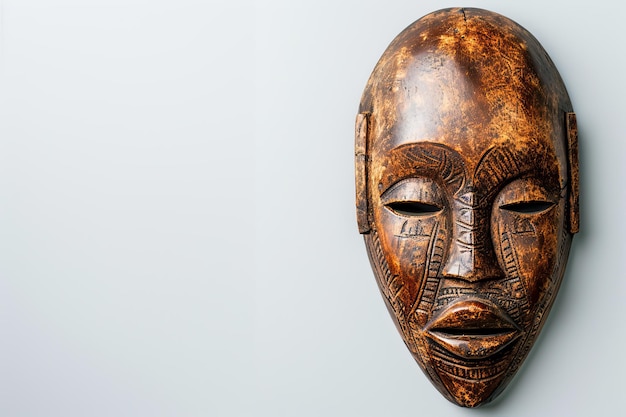 A rustic brown african mask with detailed carvings displayed on a white background
