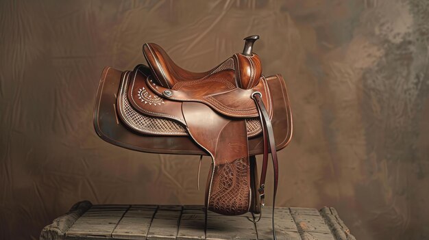 Photo rustic brown leather western saddle with intricate tooling and silver conchos the saddle is sitting on a wooden box in front of a brown background