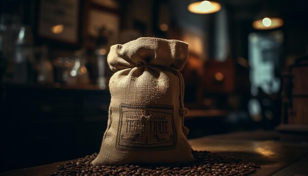 Rustic burlap sack holds old fashioned chocolate gift on wooden table generated by AI