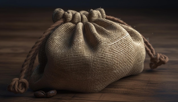 Photo rustic burlap sack tied with rough string on wooden plank generated by artificial intelligence