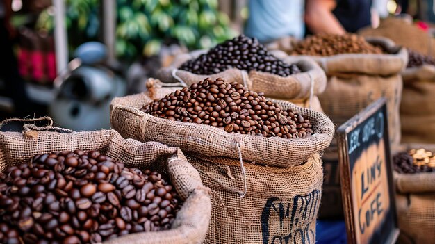 Rustic burlap sacks filled with aromatic coffee beans