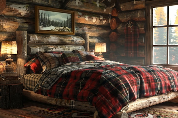 Rustic cabin bedroom with log bed frame and cozy p