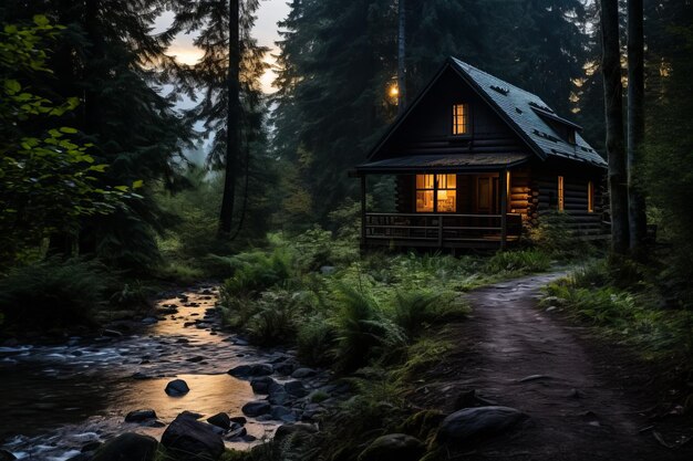 Foto rustic cabin nestled in a peaceful forest clearing generatieve ai