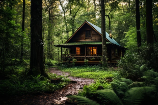 Foto rustic cabin nestled in a peaceful forest clearing generatieve ai