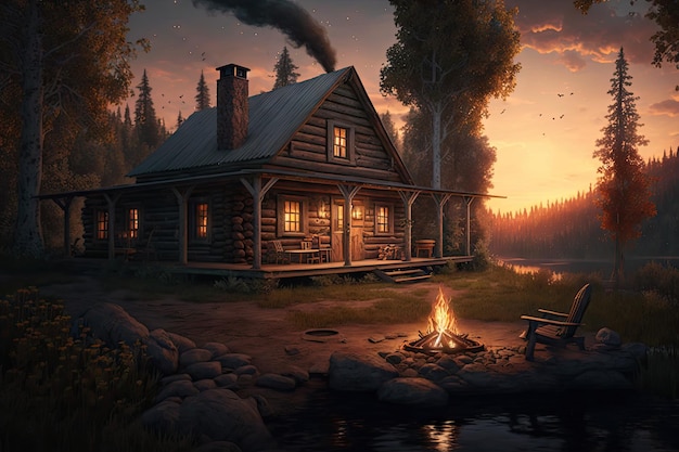 A rustic cabin in the sunset with a campfire crackling created with generative ai