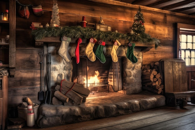 A rustic cabin with a decorated tree and stockings hanging from the mantle