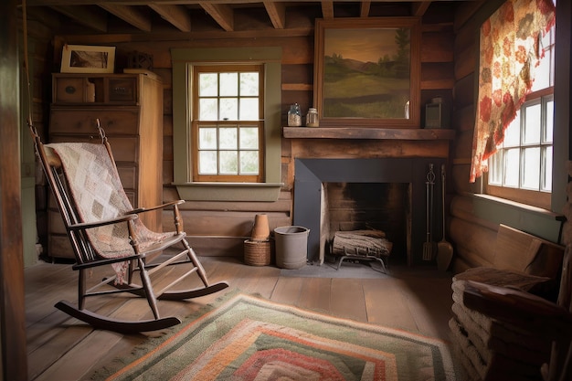 Rustic cabin with fireplace rocking chair and quilt