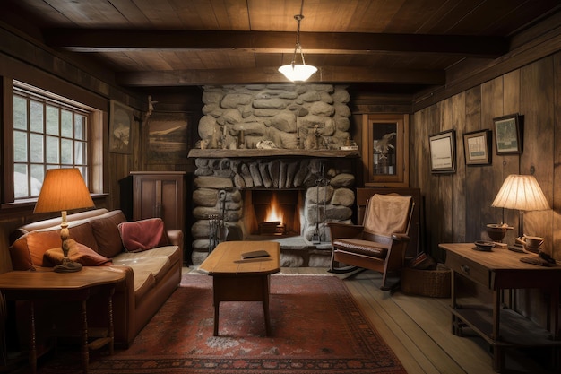 Photo rustic cabin with woodpaneled walls and stone fireplace created with generative ai