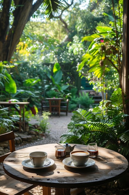 Рустический столик в кафе на фоне пышного сада приглашает к отдыху