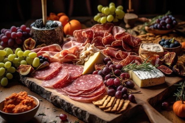 Rustic charcuterie board with cured meats and olives created with generative ai