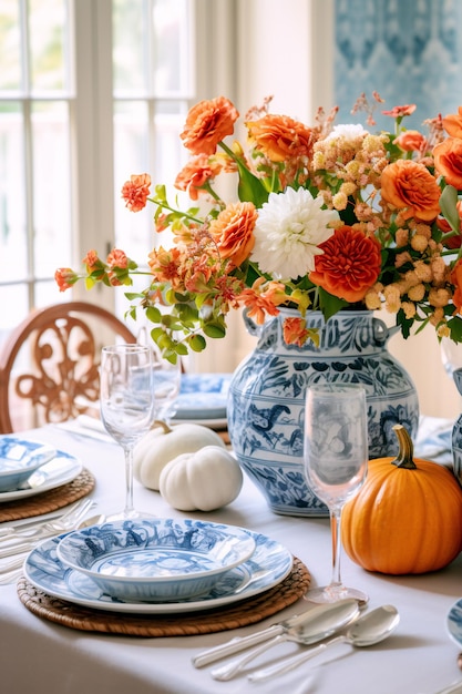 Rustic Charm Blue Floral Embroidery meets Autumn Pumpkin Farmhouse