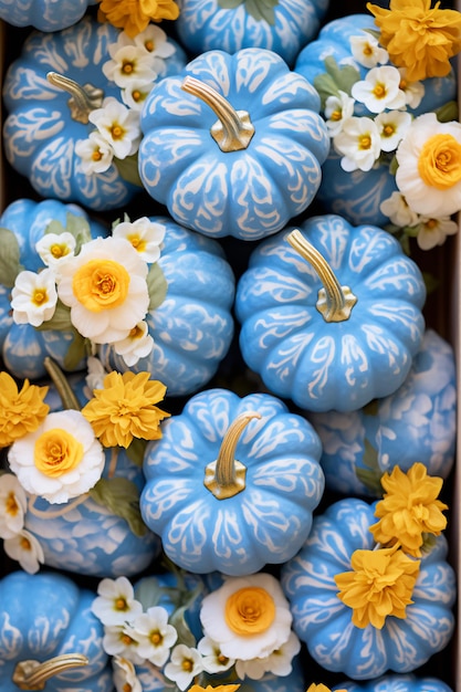 Foto rustic charm blue floral embroidery ontmoet autumn pumpkin farmhouse