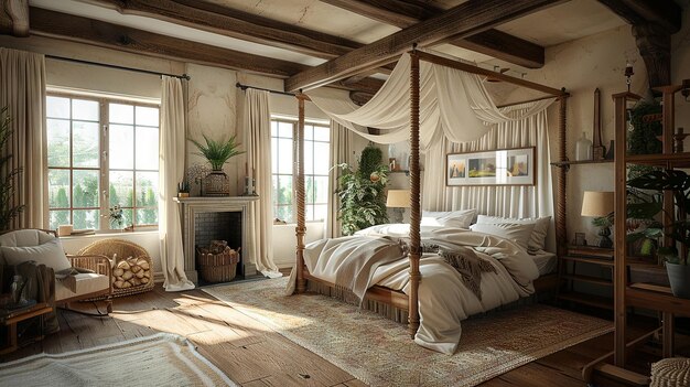 ルースティックな魅力 居心地の良いベッドと4ポスターのベッド