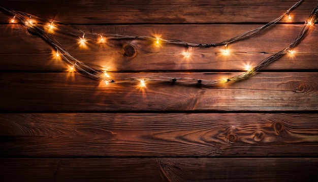 rustic charm exudes from the wooden textured background illuminated by a warm string of lights
