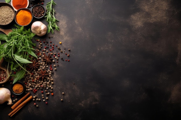 Rustic Charm A Kitchen with Black Stone Background Spices Herbs and Utensils