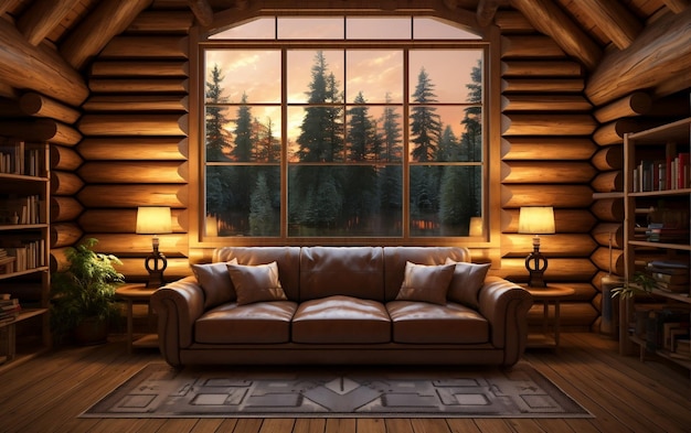 Rustic Charm Log Cabin Interieur Huis Mockup Generatieve AI