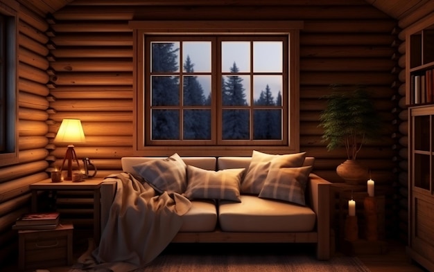 Rustic charm log cabin interior home mockup generative ai