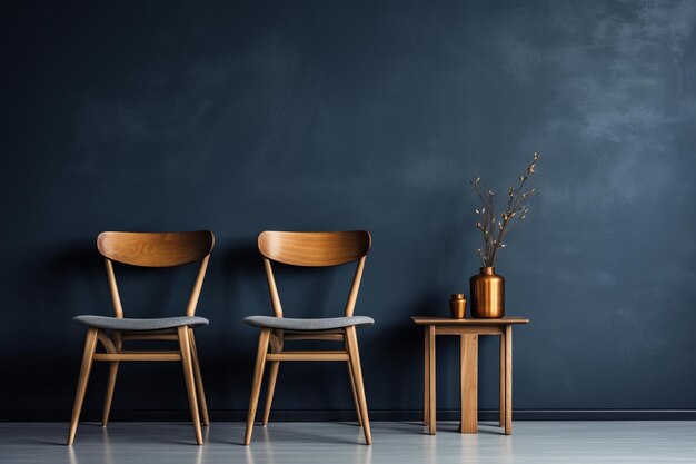 Rustic charm scandinavian vintage wood cabinet and chair amidst a dark blue wall ar 32