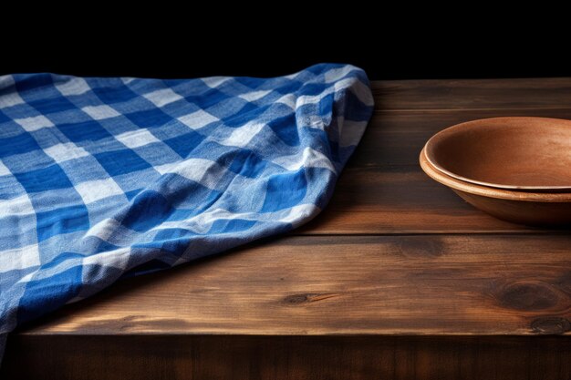 Rustic Charm A Wooden Table Dressed in Blue Checkered Splendor