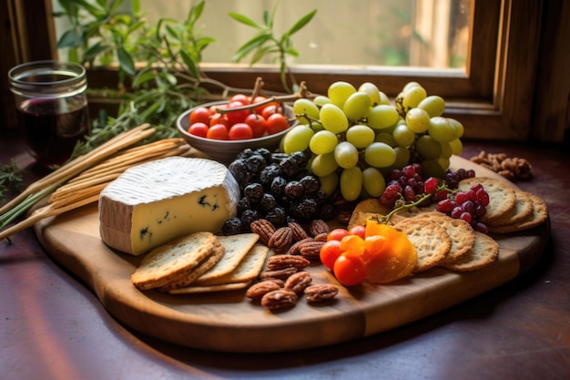 Rustic cheese board with olives crackers and cherry tomatoes