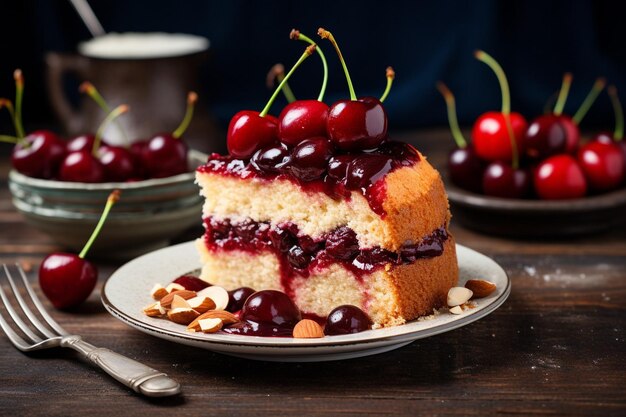 Photo a rustic cherry almond cake with a crunchy almond crust and a sweet cherry compote center