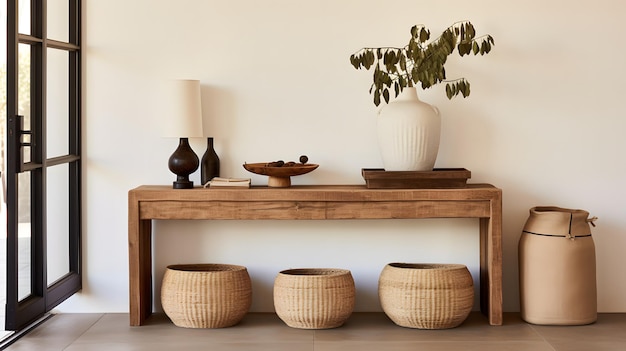 Rustic Chic Entry Inviting Entryway with Vintage Table and Woven Baskets