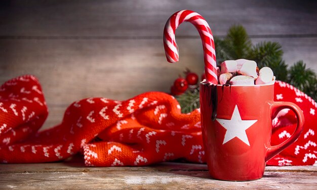 Rustic Christmas background with hot chocolate with marshmallows