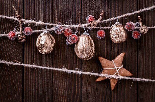 Rustic Christmas decoration on wooden planks