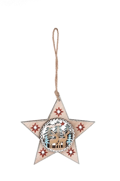 A rustic christmas ornament with a cabin scene and trees