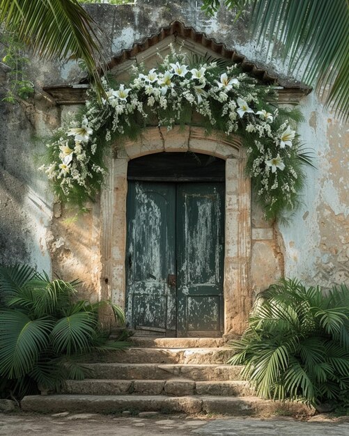 Photo rustic church doorway adorned with palm branches and easter lilies