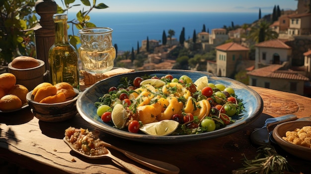 Foto un'esperienza di ristorazione rustica sulla scogliera con frutti di mare freschi e uno sfondo panoramico dell'oceano